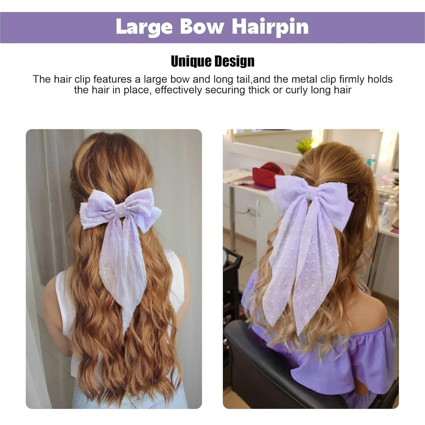 8in Hair Bows Barrettes for Women & Girls: Large Satin Bow Hair Clip with Long Tail - Elegant Hair Ribbon for French Stylish Looks -Chic Soft Cloth Oversized Bows Hair Accessories (Purple)