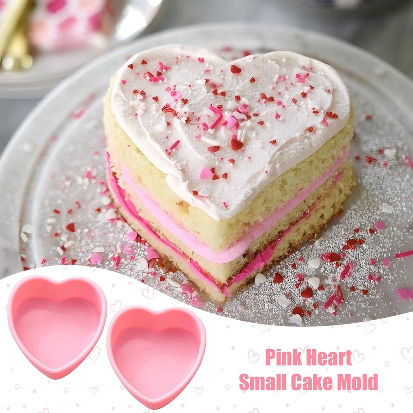 2Pcs Mini Heart Shaped Cake Pans, 4 Inch Heart Cake Pan, Nonstick Silicone Hearts Cake Molds for Valentine's Day Anniversary Birthday Party Mini Cakes, Cheesecake, Pudding Baking, Pink