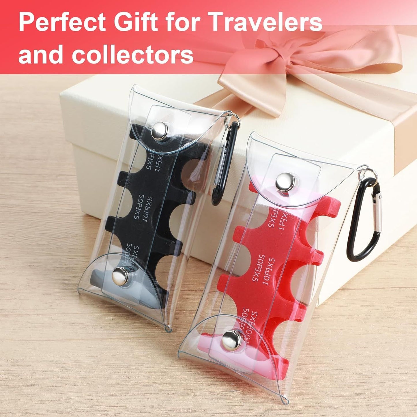 2 Pcs Yen Coin Organizer with PVC Pack, Japanese Coin Organizer, Portable Rectangle Coin Holder for Car, Plastic Coin Sorter Wallet with 6 Slots, Dispenser for Travel (Black, Red)