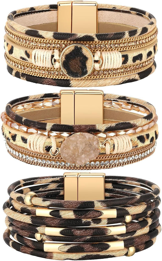 3 Pcs Western Bracelet for Women Leather Multi Layer Wrap Bracelet Western Boho Crystal Beads Cuff Jewelry