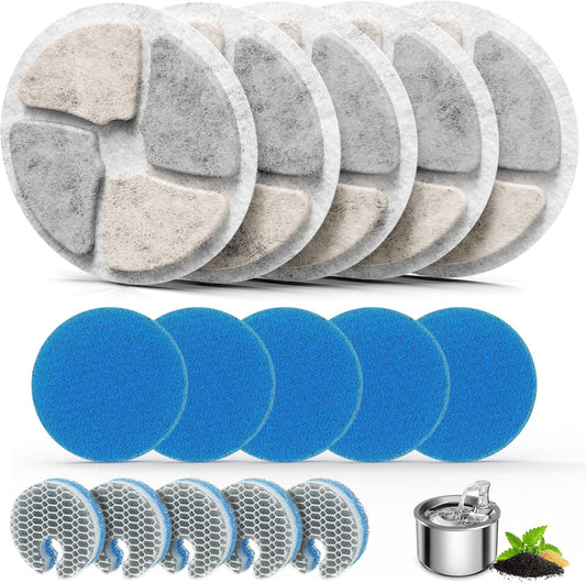Stainless Steel Cat Water Fountain Filters, 5 Pack Replacement Filters Fit for Round 2L/67oz Automatic Pet Fountain, Filter with Triple Filtration System (5+5+5)
