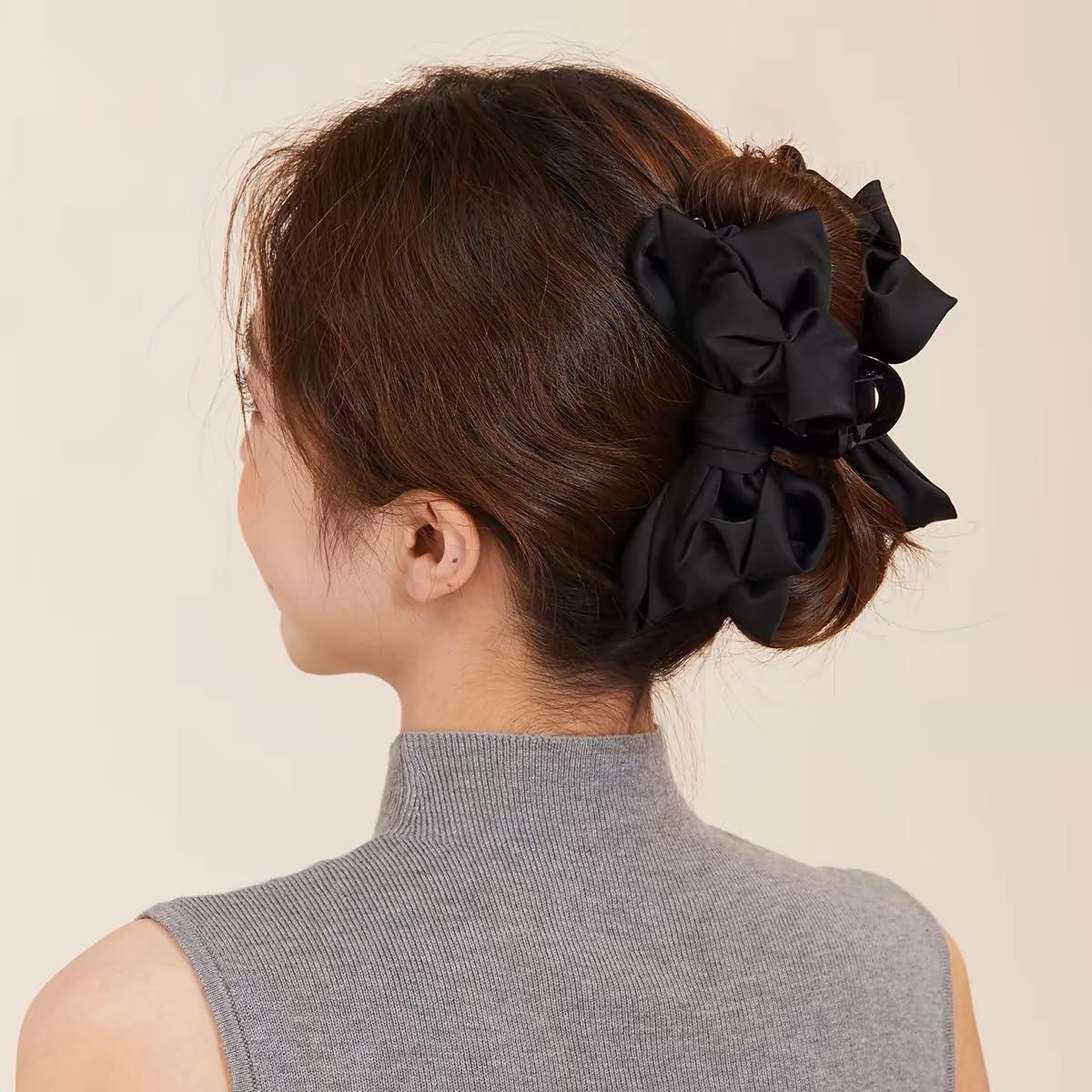 3 PCS Large Bow Hair Claw Clips Satin Bow Claw Clip for Women Girl with Long Thick Hair 5.9 inch Elegant Hair Ribbon Design for all types Big (Black+White+Pink)
