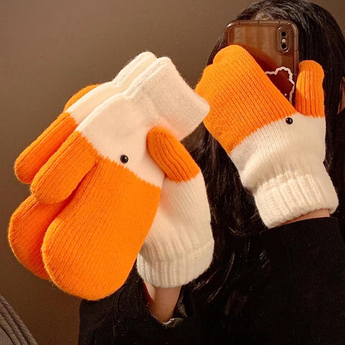 Women's Winter Warm Fleece Knitted Mittens wuth Funny Goose Design