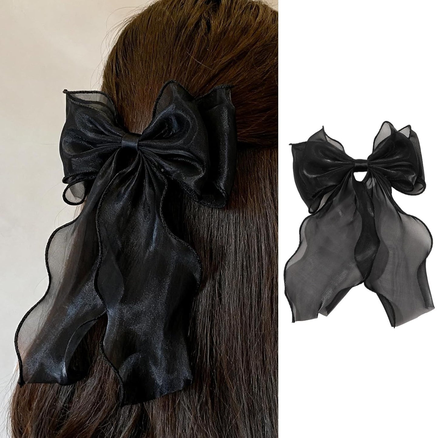 Silky Bow French Barrette Hair Clips, Elegant Satin Ribbon Hair Clamp Hair Accessory for Women Girls (Black)