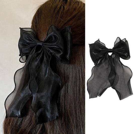 Silky Bow French Barrette Hair Clips, Elegant Satin Ribbon Hair Clamp Hair Accessory for Women Girls (Black)