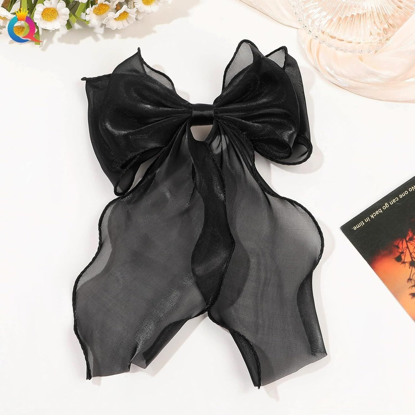 Silky Bow French Barrette Hair Clips, Elegant Satin Ribbon Hair Clamp Hair Accessory for Women Girls (Black)
