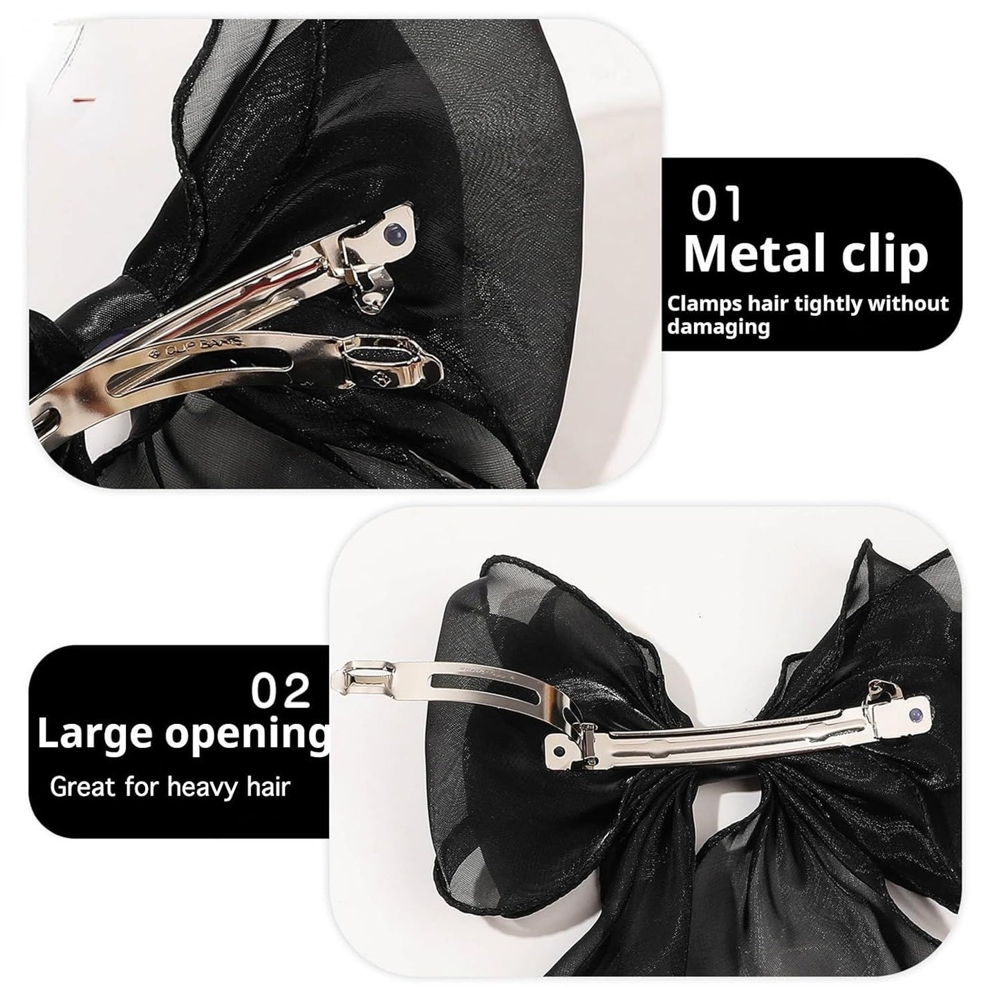 Silky Bow French Barrette Hair Clips, Elegant Satin Ribbon Hair Clamp Hair Accessory for Women Girls (Black)