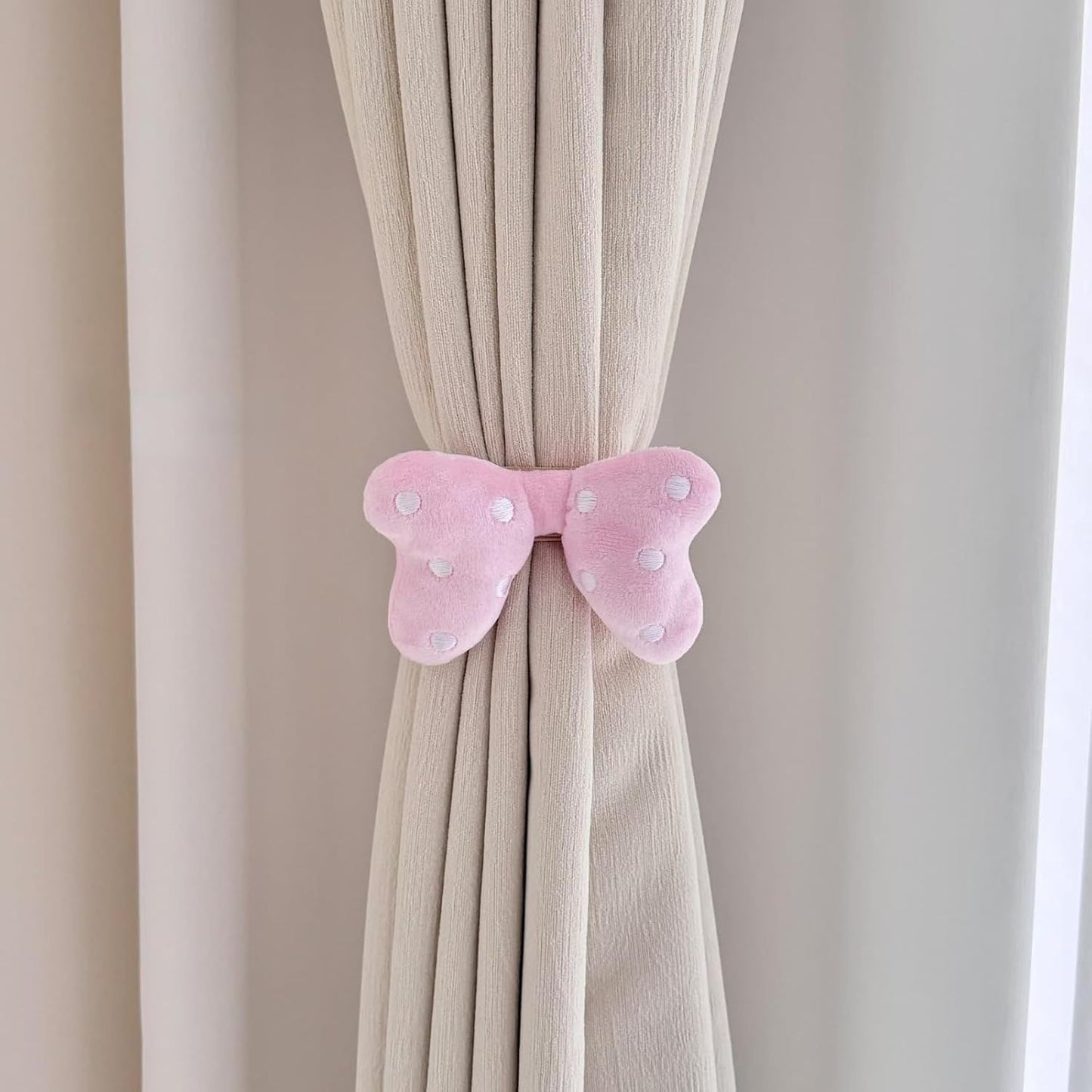 2 Pack Curtain Tiebacks with Pink Plush Bow and White Polka Dot, Snap Button Closure Curtains Holdbacks for Window Decor (Pink)