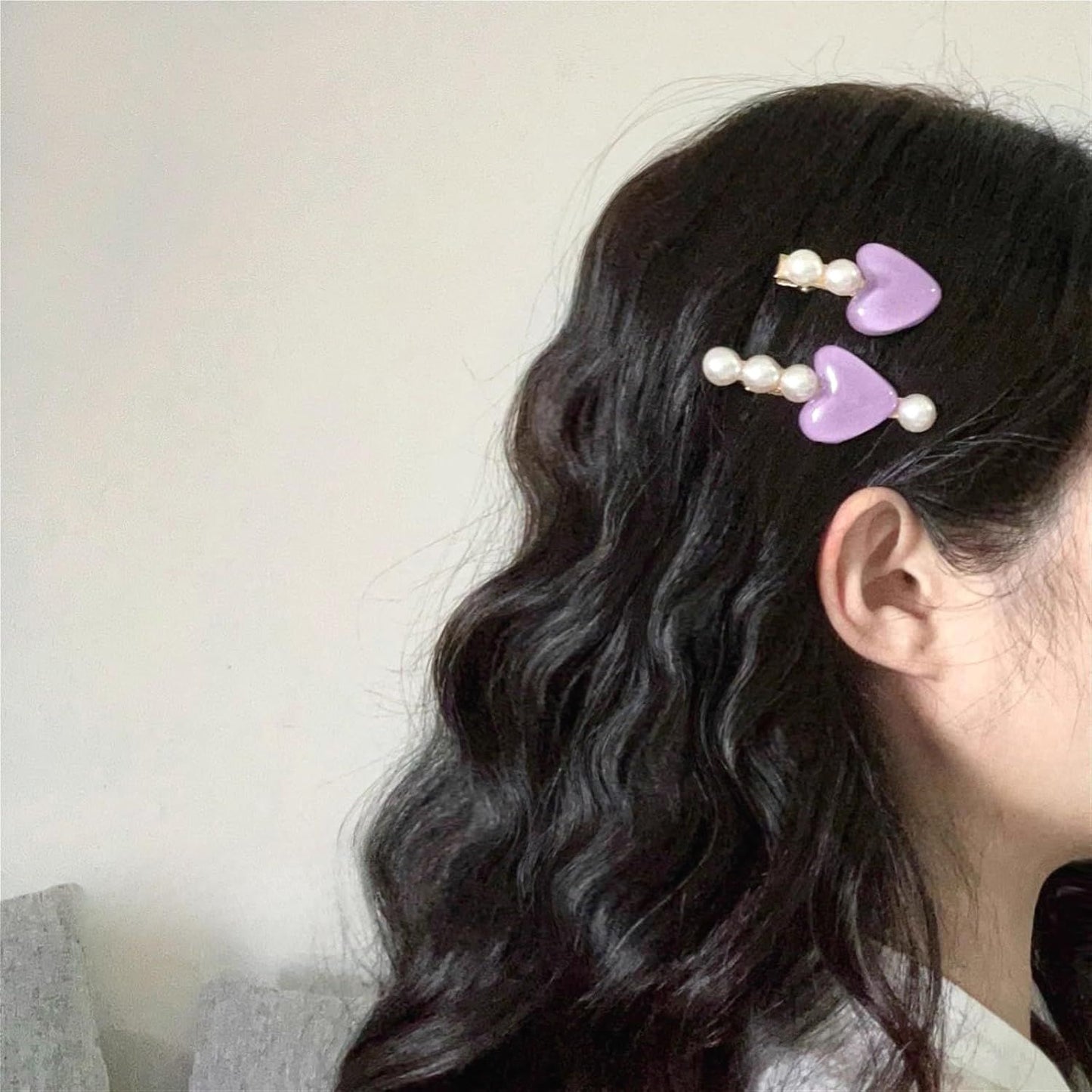 3 Pairs Heart Pearl Hair Clips, Cute Princess Hairpins for Bangs Hair Accessories for Women Girls (White Pink Purple)