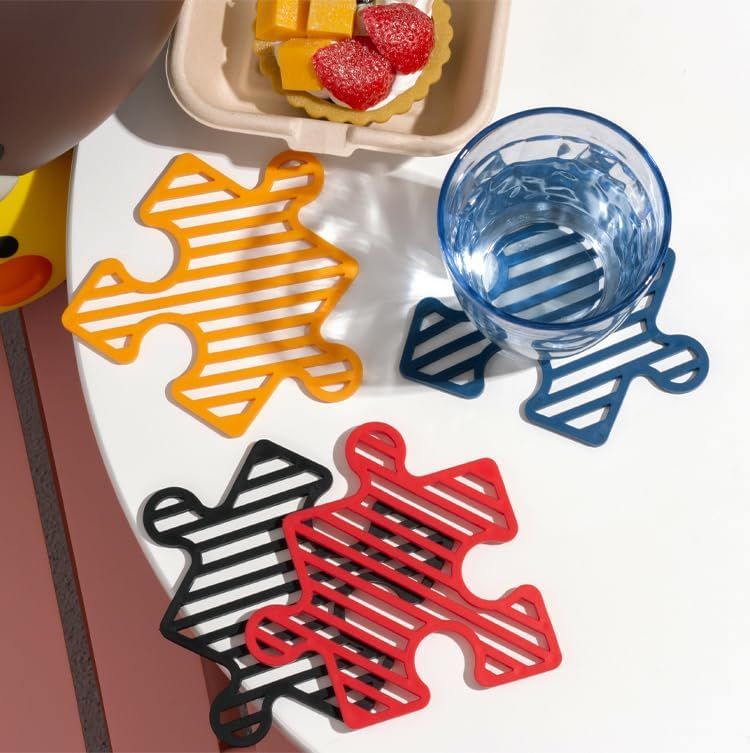 4 Pcs Creative Puzzle Shaped Heat Resistant Table Mat Set Insulated Coasters for Cups Bowls Pots Plates (Red Blue Orange Black,3.7x4.7 Inch)
