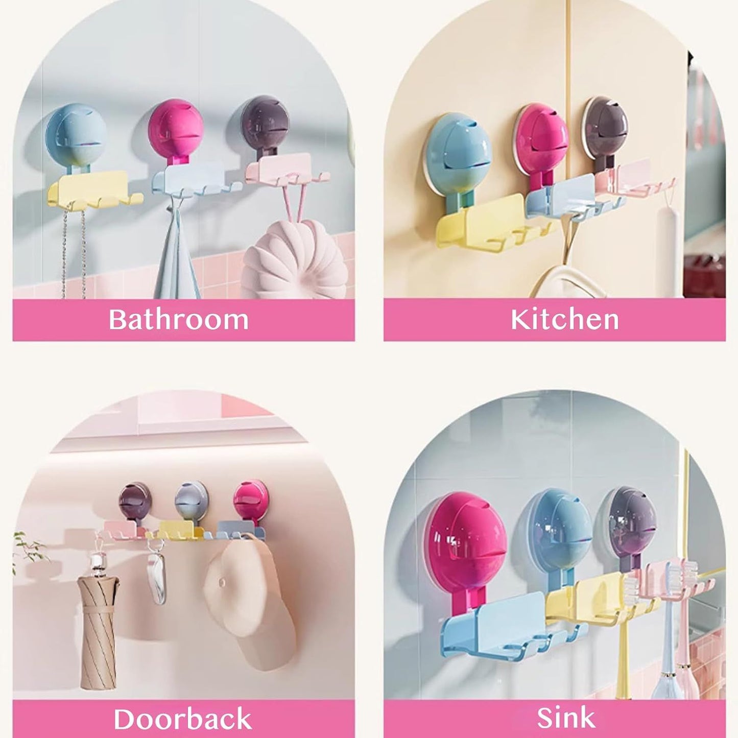 3 Pack Reusable No-Drill No-Trace Vacuum Suction Hooks, Wall-Mounted Toothbrush Holder, Storage Rack for Bathroom (Blue Pink Purple)