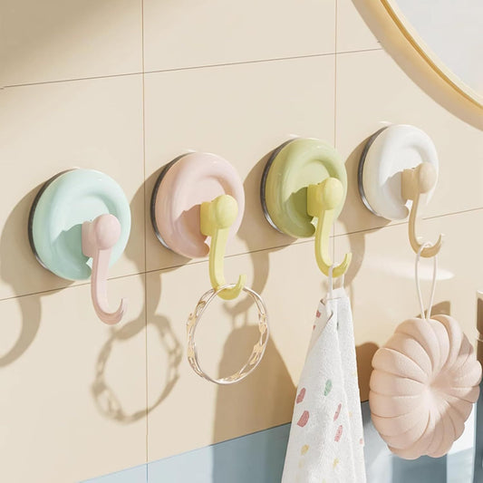 4 Pack No-Drill Reusable Vacuum Suction Hooks, Pastel Colors Heavy-Duty Door Towel Hook Bathroom Wall Organizer (Blue Pink Green White)