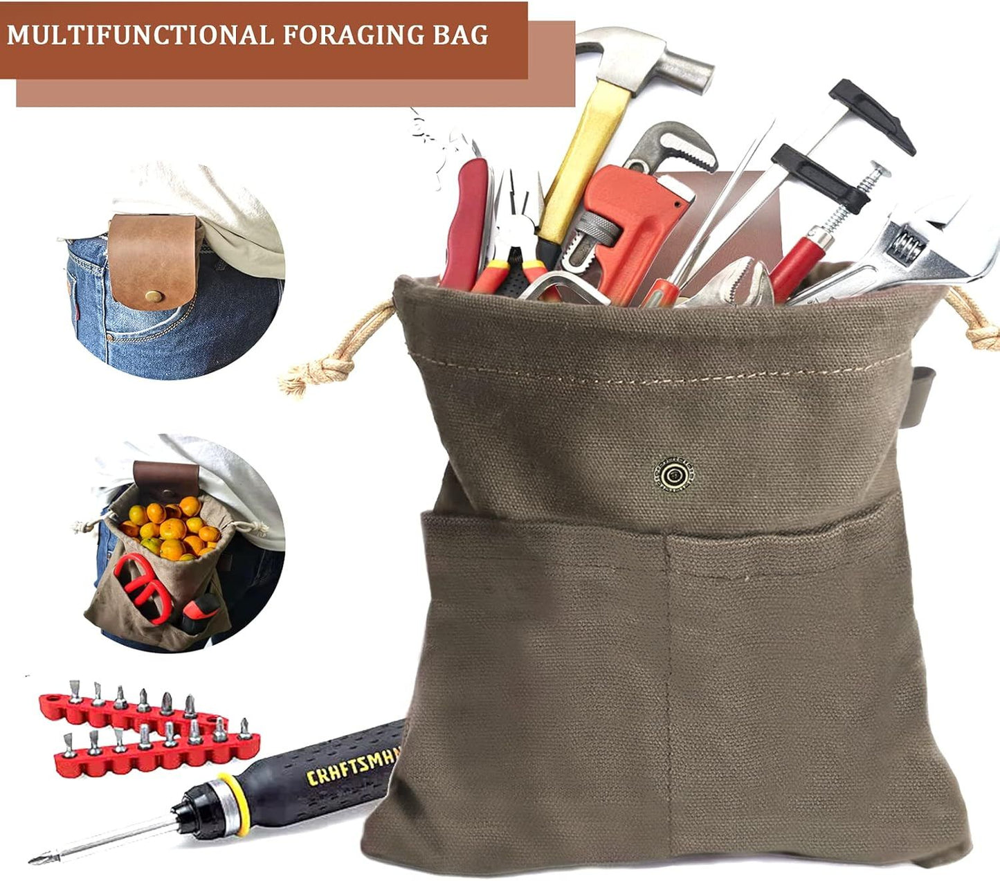 Foraging Pouch Leather Canvas Collapsible Bag Water Resistant Outdoor Camping Storage Folding Bag Mushroom Bags Bushcraft Belt Pouches for Travel Camping Hiking