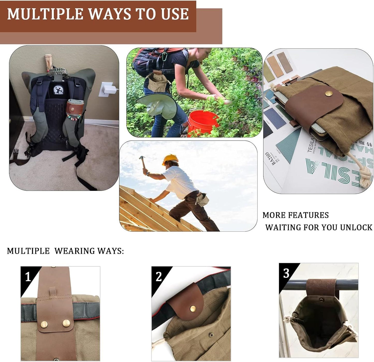 Foraging Pouch Leather Canvas Collapsible Bag Water Resistant Outdoor Camping Storage Folding Bag Mushroom Bags Bushcraft Belt Pouches for Travel Camping Hiking