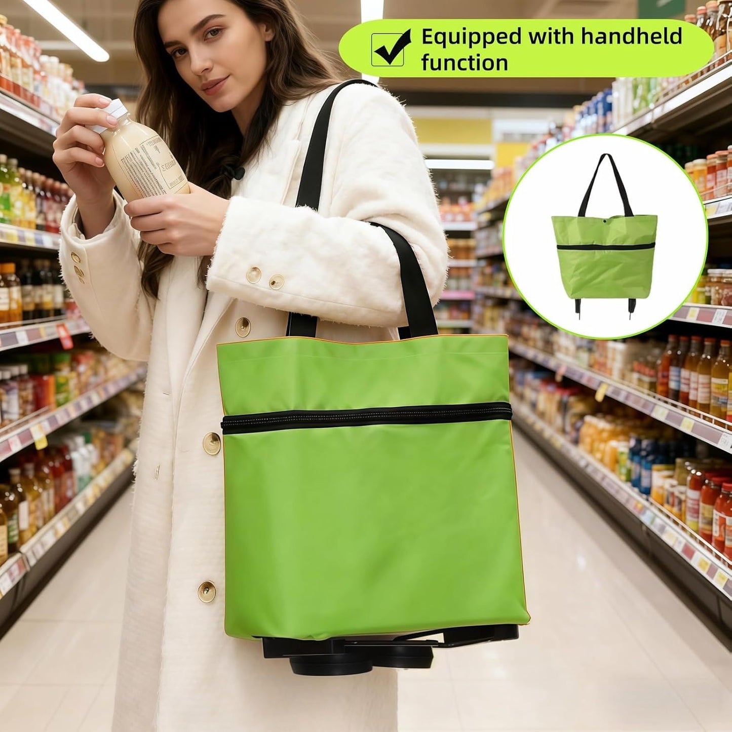 2-in-1 Foldable Shopping Cart with Wheels,Waterproof & Sturdy Grocery Bag Hand Truck, Collapsible Portable Rolling Tote for Supermarket,Laundry,Travel,33 lbs Capacity,Waterproof Oxford Fabric
