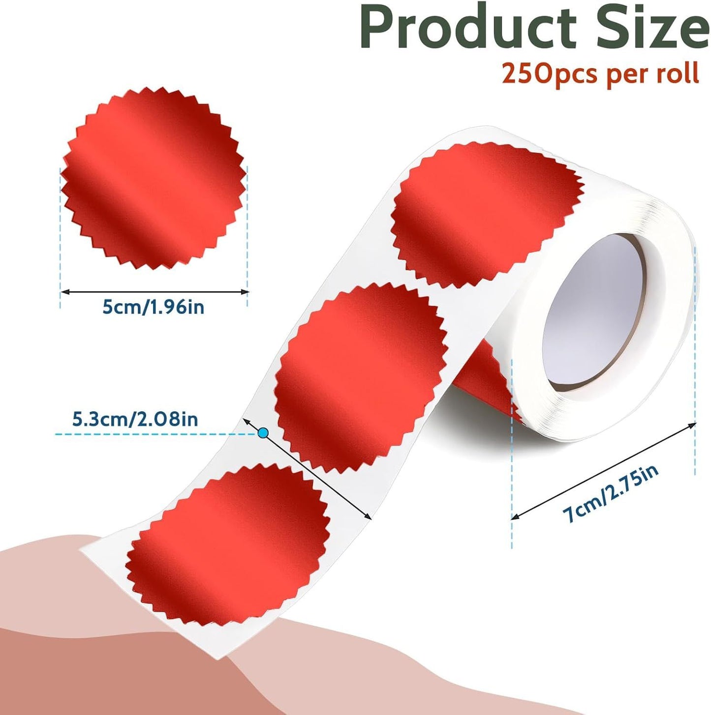 Red Embossing Stickers 2" Round Labels Foil Blank Stickers Metallic Seals for Package, Wedding Envelope, Graduation, Valentine's Day，Certificate Wafer Seals with Serrated Edge 250 pcs Per Roll