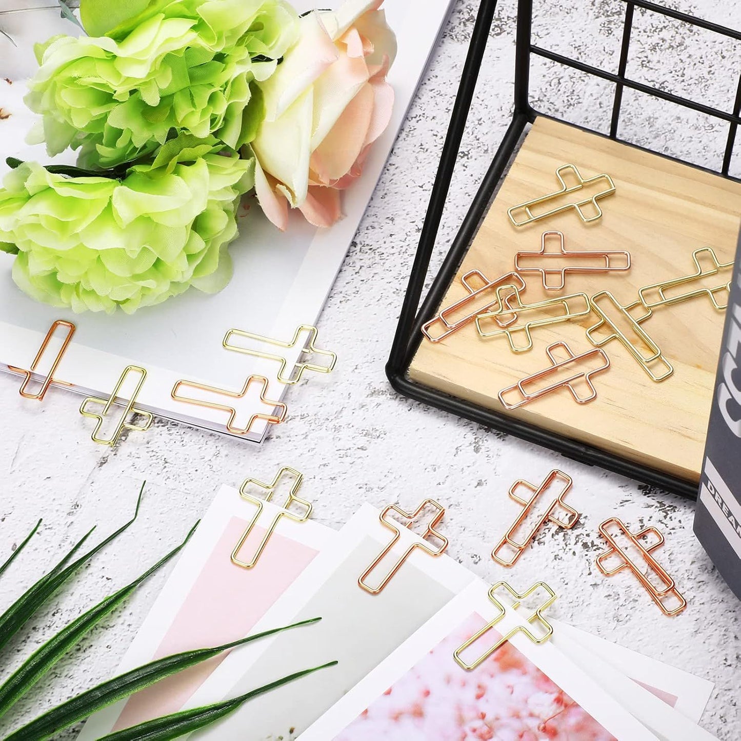 100 Pieces Cross Paper Clips with Clear Plastic Box Gold and Rose Gold Color Cute Paperclips Christian Journaling Supplies Metal Clamps Bible Study Gifts for Bookmark Office Document Note