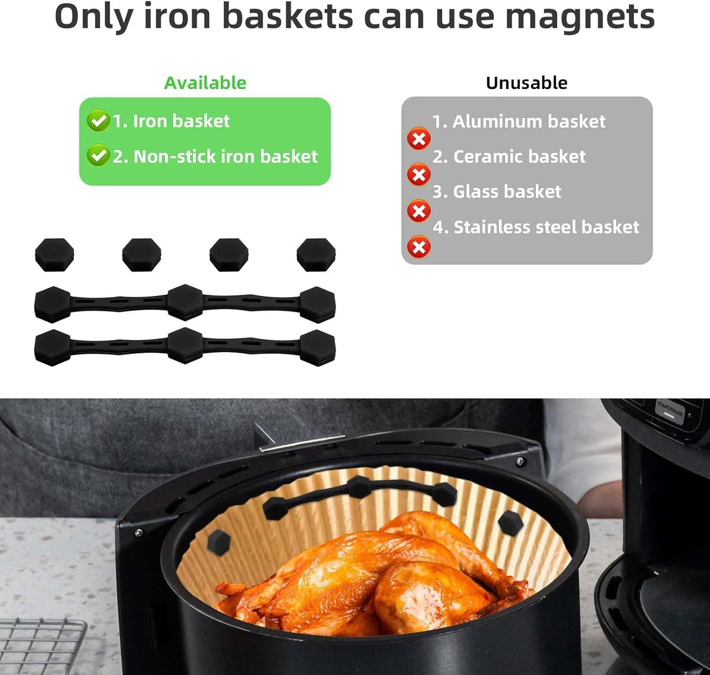 2 Sets Air Fryer Magnet Silicone Buckle, Air Fryer Magnets for Parchment Paper Liners Silicone Magnetic Buckle Prevent Paper Burning Kitchen Accessories (Black)