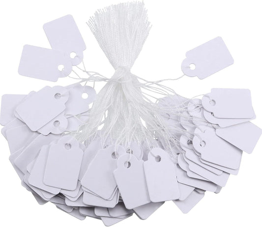 500 Pcs Small Price Tags with String Attached 0.6 x 0.95 in White Blank Marking Tag Writable Merchandise Strung Hang Label Pricing Marking Gift Display Tag for Jewelry Clothing Yard Sale Garage