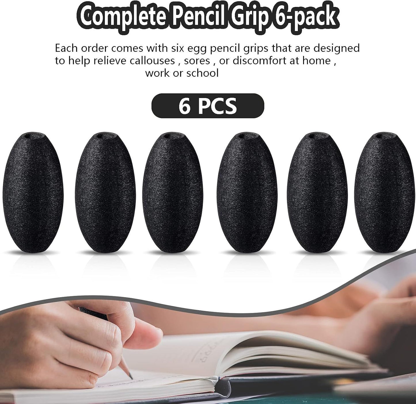 Writing Aid Trainer for Adults Foam Egg Grips Pen Cushioned Holders Writing Aid Trainer for Handwriting Drawing Preschool Supplies Right or Left Hand Use, 6 Pieces(Black)