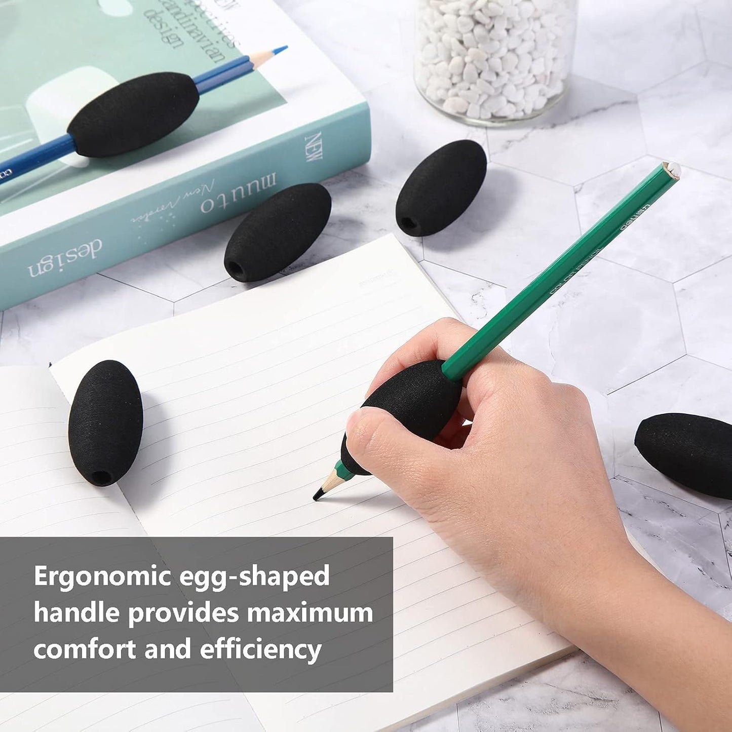 Writing Aid Trainer for Adults Foam Egg Grips Pen Cushioned Holders Writing Aid Trainer for Handwriting Drawing Preschool Supplies Right or Left Hand Use, 6 Pieces(Black)