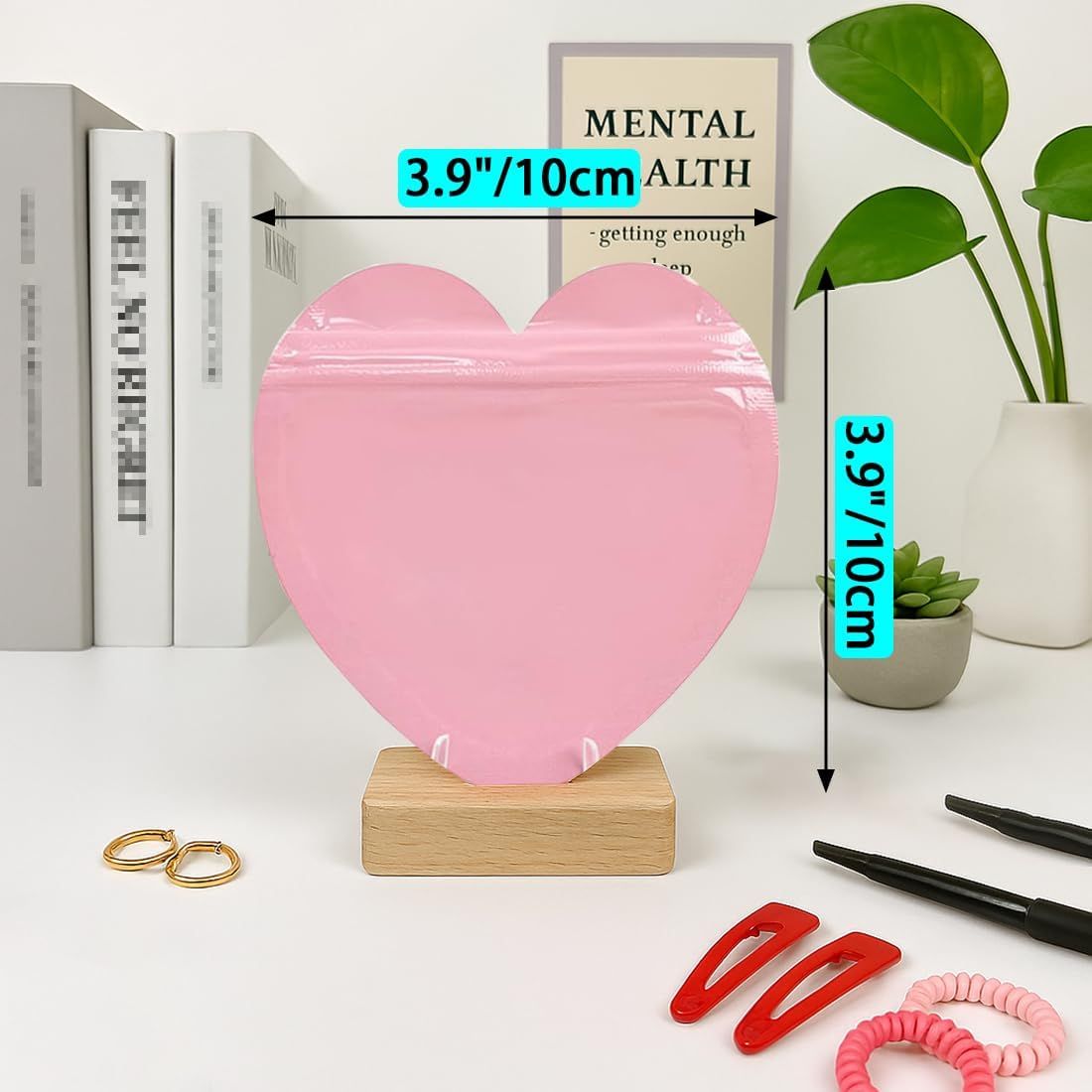 100pcs Pink Heart-Shaped Mylar Bags, 4"x4" Clear & Resealable Ziplock Packaging Bags for Business Essentials Supplies, Earring, Jewelry, Trinkets