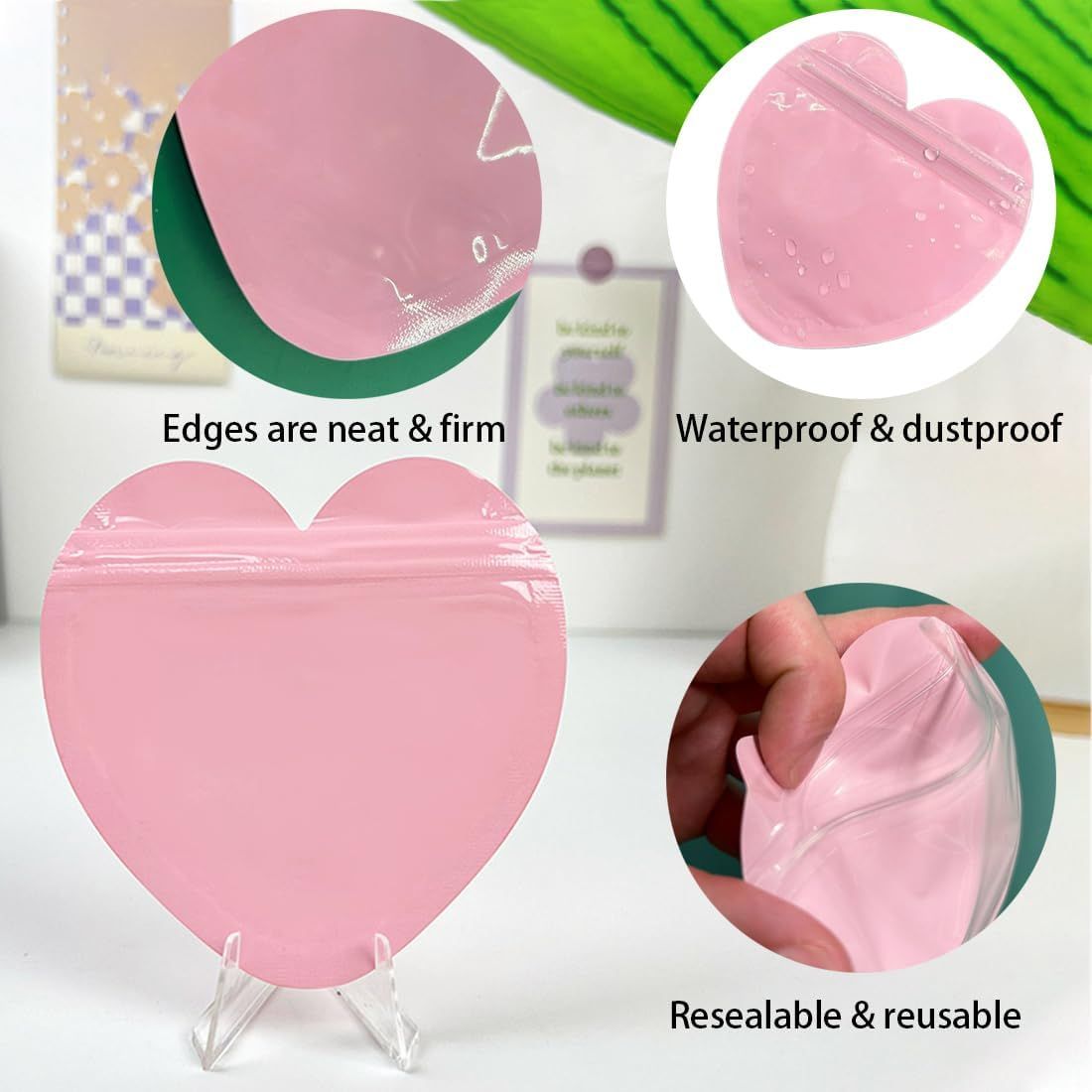 100pcs Pink Heart-Shaped Mylar Bags, 4"x4" Clear & Resealable Ziplock Packaging Bags for Business Essentials Supplies, Earring, Jewelry, Trinkets