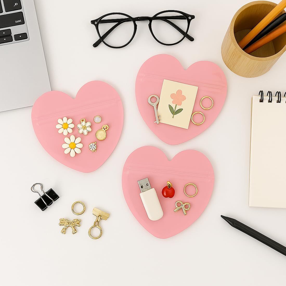 100pcs Pink Heart-Shaped Mylar Bags, 4"x4" Clear & Resealable Ziplock Packaging Bags for Business Essentials Supplies, Earring, Jewelry, Trinkets