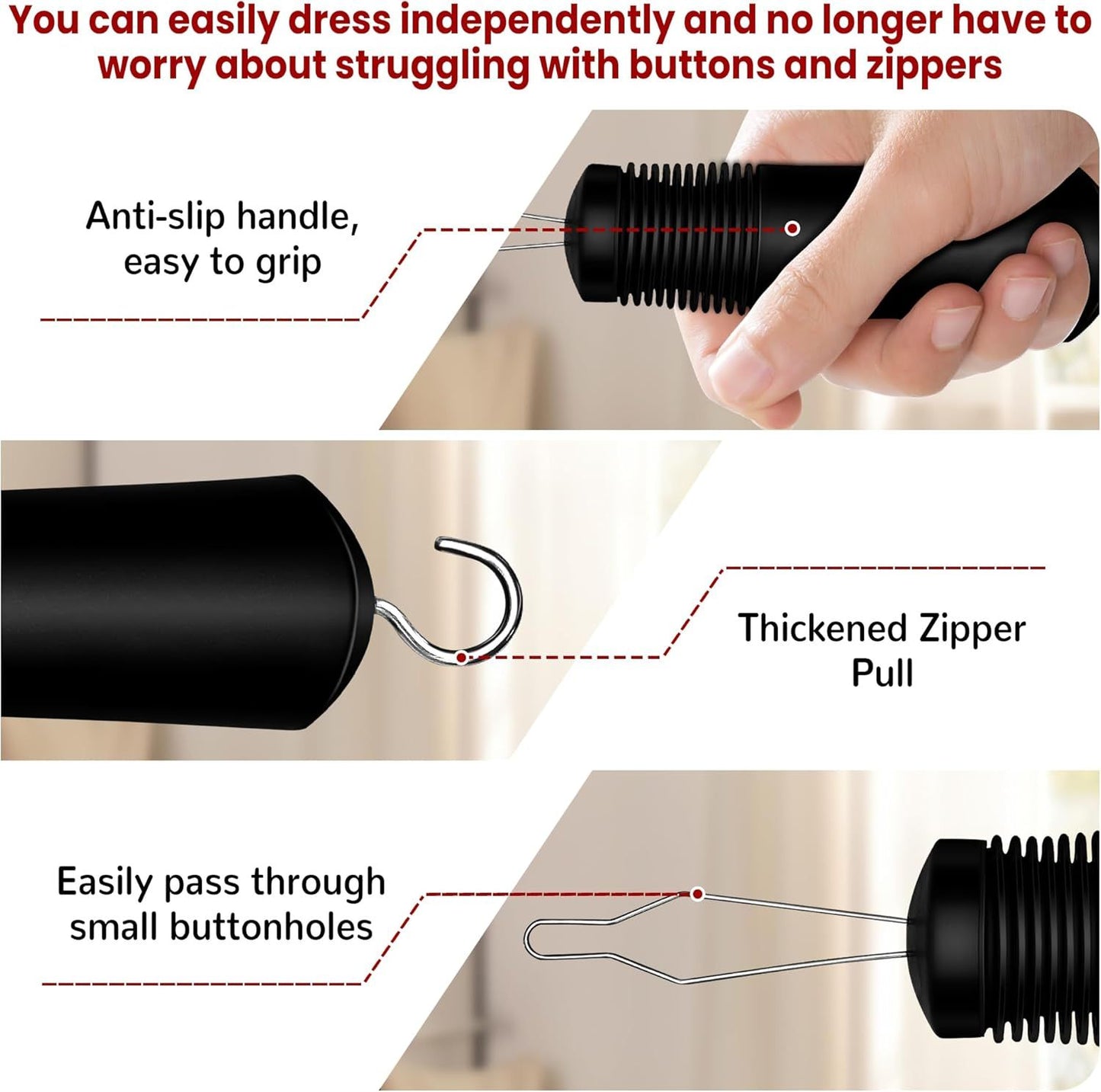 Button Hook with Zipper Pull, Button Assist Tool, Button Hook for Seniors, Disabled, Limited Hand Mobility, One Handed Button Helper Tool, Gifts for People with Disabilities, Easy to Use
