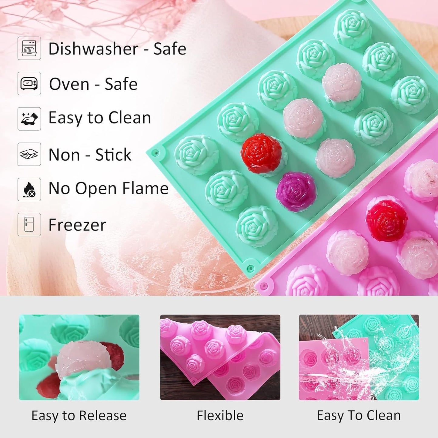 2 Pcs Rose Mold Silicone, Non-Stick Soap Molds, Reusable Heat-Resistant Flower Molds Silicone for Handmade Soap Making, Candy, Chocolate, Rose Ice Cube, Cake Decoration Jelly, Easy Release & Cleaning