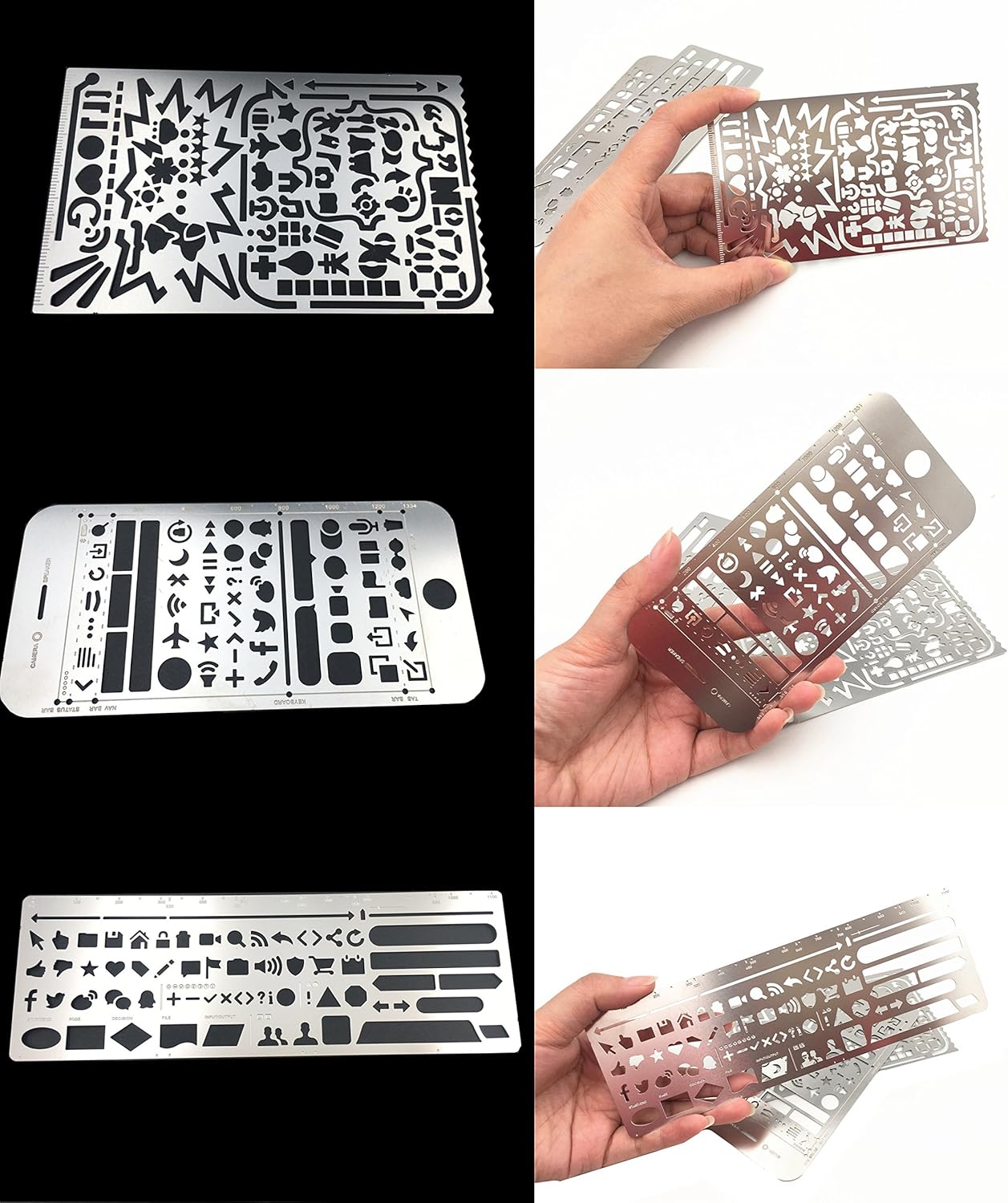 Yansanido Pack of 3 Stainless Steel Drawing Ruler, Painting Stencils, Scale Template Sets, Graphics Stencils, Number Template Ruler for Very Fine Pen Tip