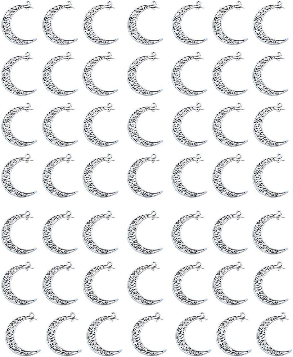 Yansanido Alloy Pack of 50 Moon Shape Silver Charms Pendants for Making Bracelet and Necklace (Moon 50pcs Silver)