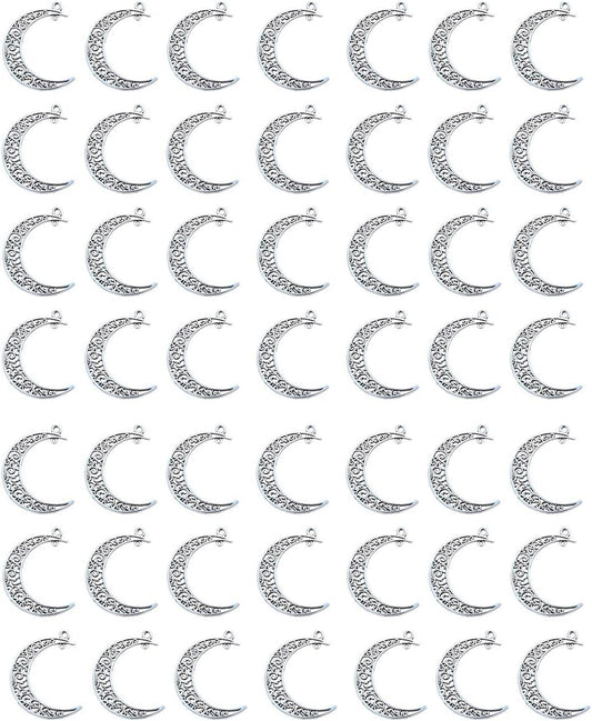 Yansanido Alloy Pack of 50 Moon Shape Silver Charms Pendants for Making Bracelet and Necklace (Moon 50pcs Silver)