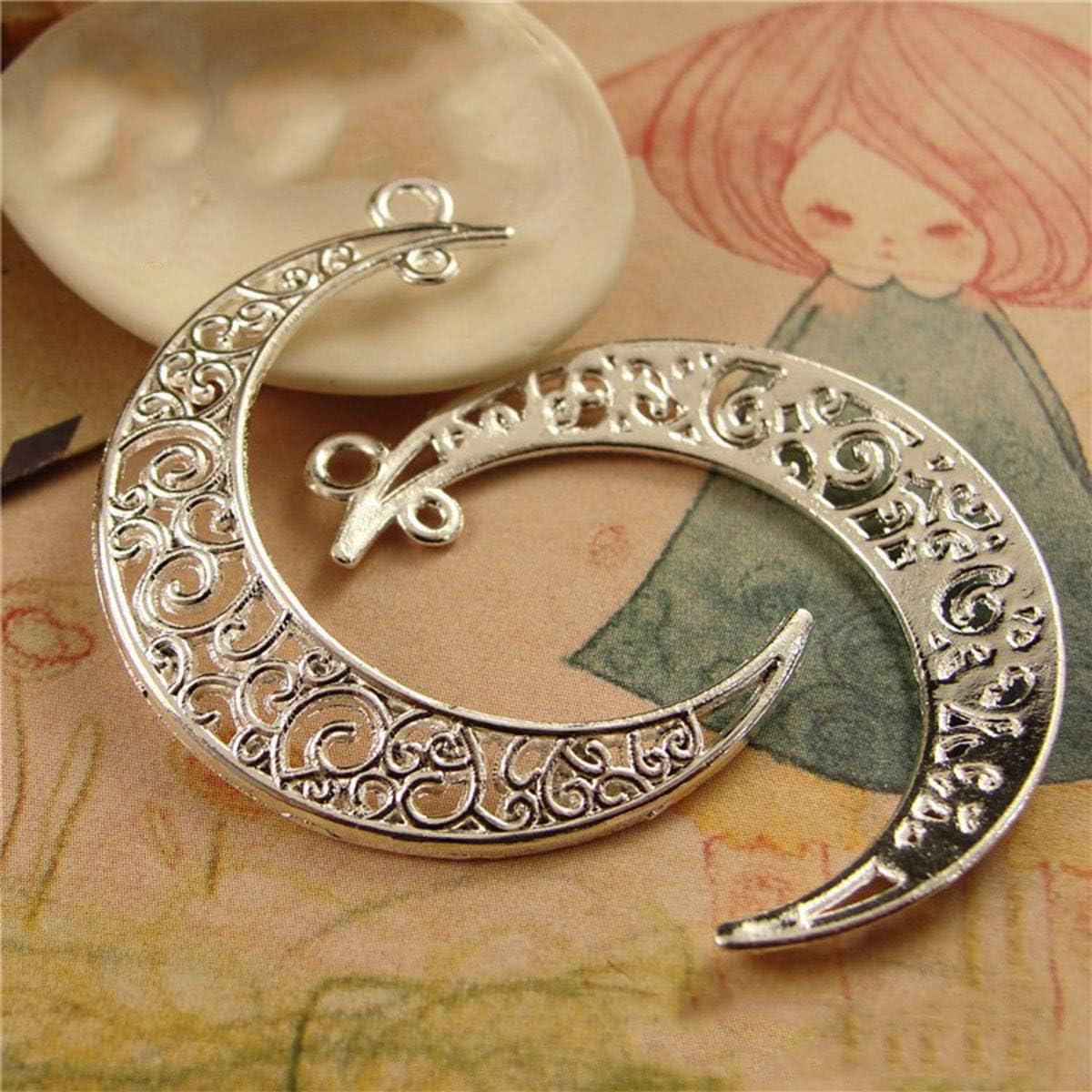 Yansanido Alloy Pack of 50 Moon Shape Silver Charms Pendants for Making Bracelet and Necklace (Moon 50pcs Silver)