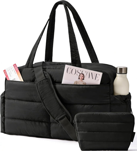 Gym Bag for Women, Lightweight Puffer Duffle Bag 2-PC Travel Bag, 31L Weekender Overnight Bag Quilted Carry On Tote Bag, Diaper Hospital Dance bag for Travel, Gym, Water Resistant, Black