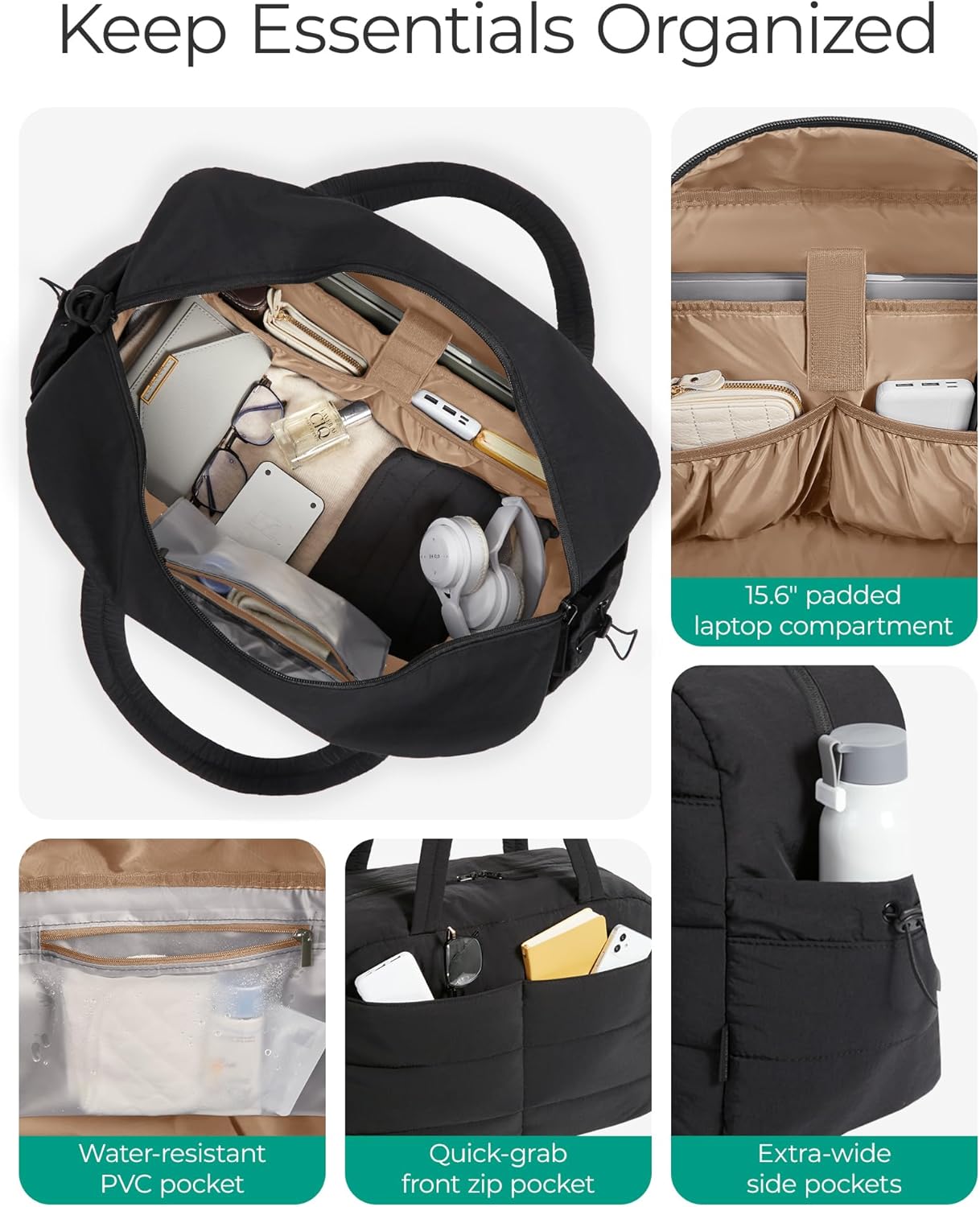 Gym Bag for Women, Lightweight Puffer Duffle Bag 2-PC Travel Bag, 31L Weekender Overnight Bag Quilted Carry On Tote Bag, Diaper Hospital Dance bag for Travel, Gym, Water Resistant, Black