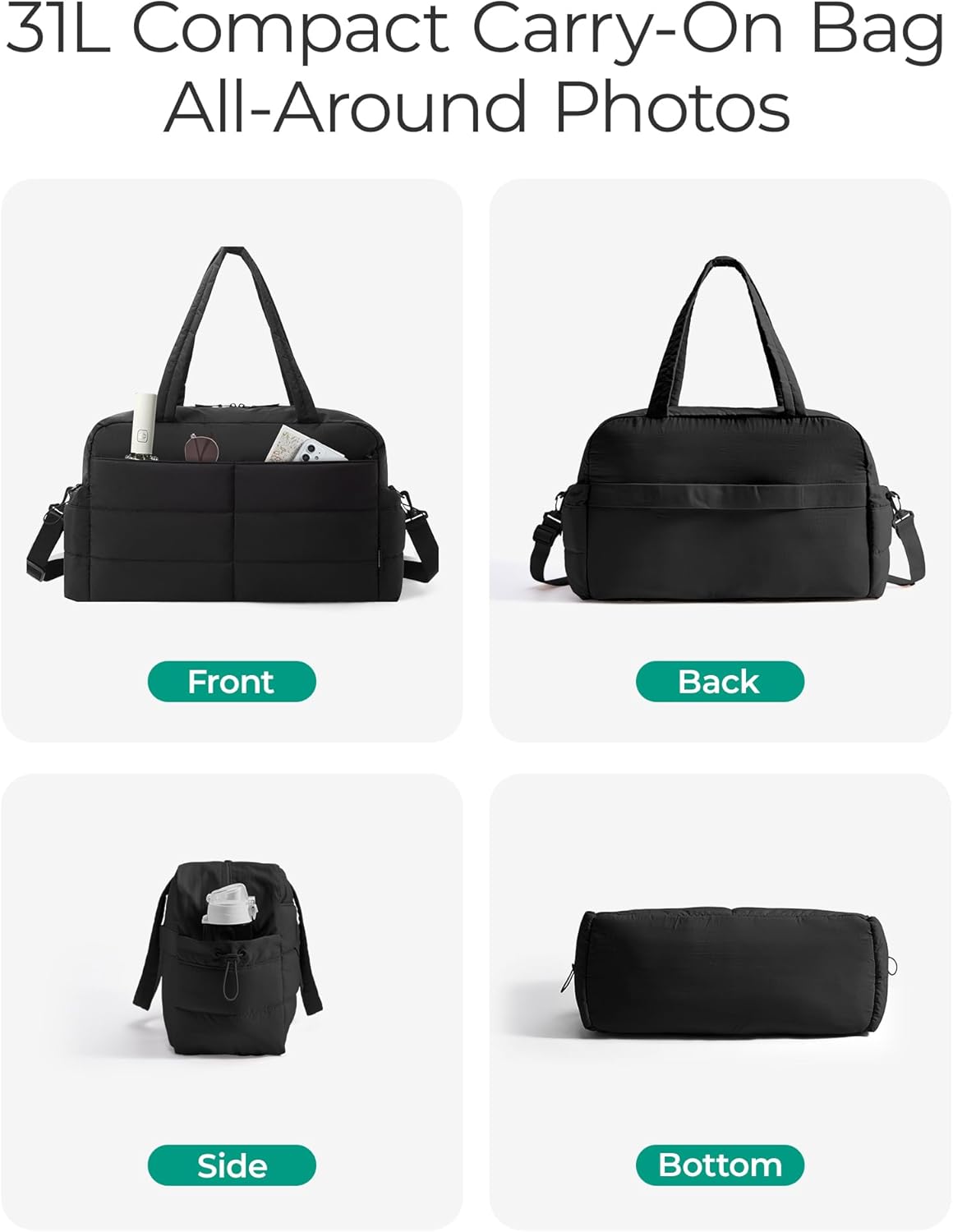 Gym Bag for Women, Lightweight Puffer Duffle Bag 2-PC Travel Bag, 31L Weekender Overnight Bag Quilted Carry On Tote Bag, Diaper Hospital Dance bag for Travel, Gym, Water Resistant, Black