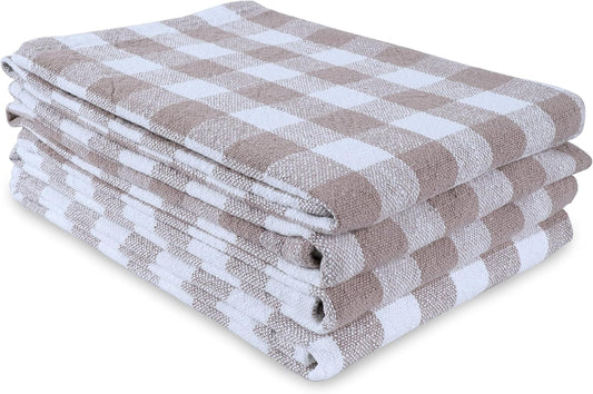AMOUR INFINI Kitchen Towels Set of 4 Buffalo Checks Beige/White Kitchen Towels 28x20 Inches 100% Cotton Highly Absorbent Kitchen Towels Premium Quality Ultra Soft Mitered Corners KitchenTowels