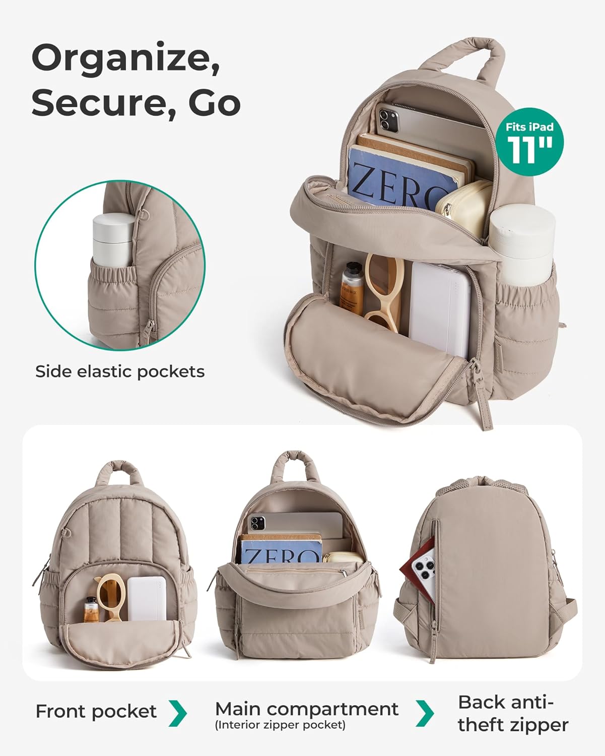Mini Backpack for Women, Lightweight Puffer Small Backpack Purse, Quilted Casual Travel Daypack, Cute Water-Resistant Bookbag for Daily, Brown