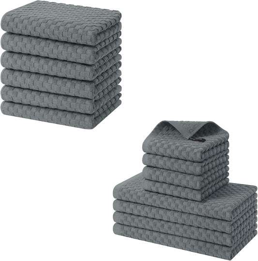 Homaxy 100% Cotton Terry Kitchen Towels(15" x 25", 6 Pack), Soft and Super Absorbent Dish Towels and 100% Cotton Kitchen Towels and Dishcloths Set(12 x 12 & 15 x 25 Inches, Set of 8 Bulk)
