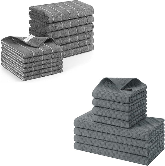 Homaxy Microfiber Kitchen Towels and Dishcloths Set, 12 Pack Soft and Absorbent Dish Hand Towels Bulk and 100% Cotton Kitchen Towels and Dishcloths Set(12 x 12 & 15 x 25 Inches, Set of 8 Bulk)