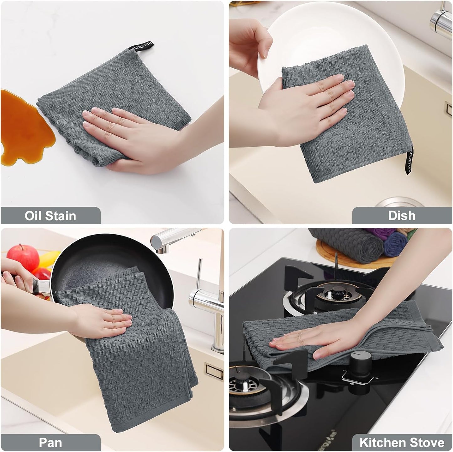 Homaxy 100% Cotton Terry Kitchen Towels(Black, 13 x 28 inches), Soft and Super Absorbent Dish Towels and Kitchen Towels and Dishcloths Set(12 x 12 & 15 x 25 Inches, Set of 8 Bulk)