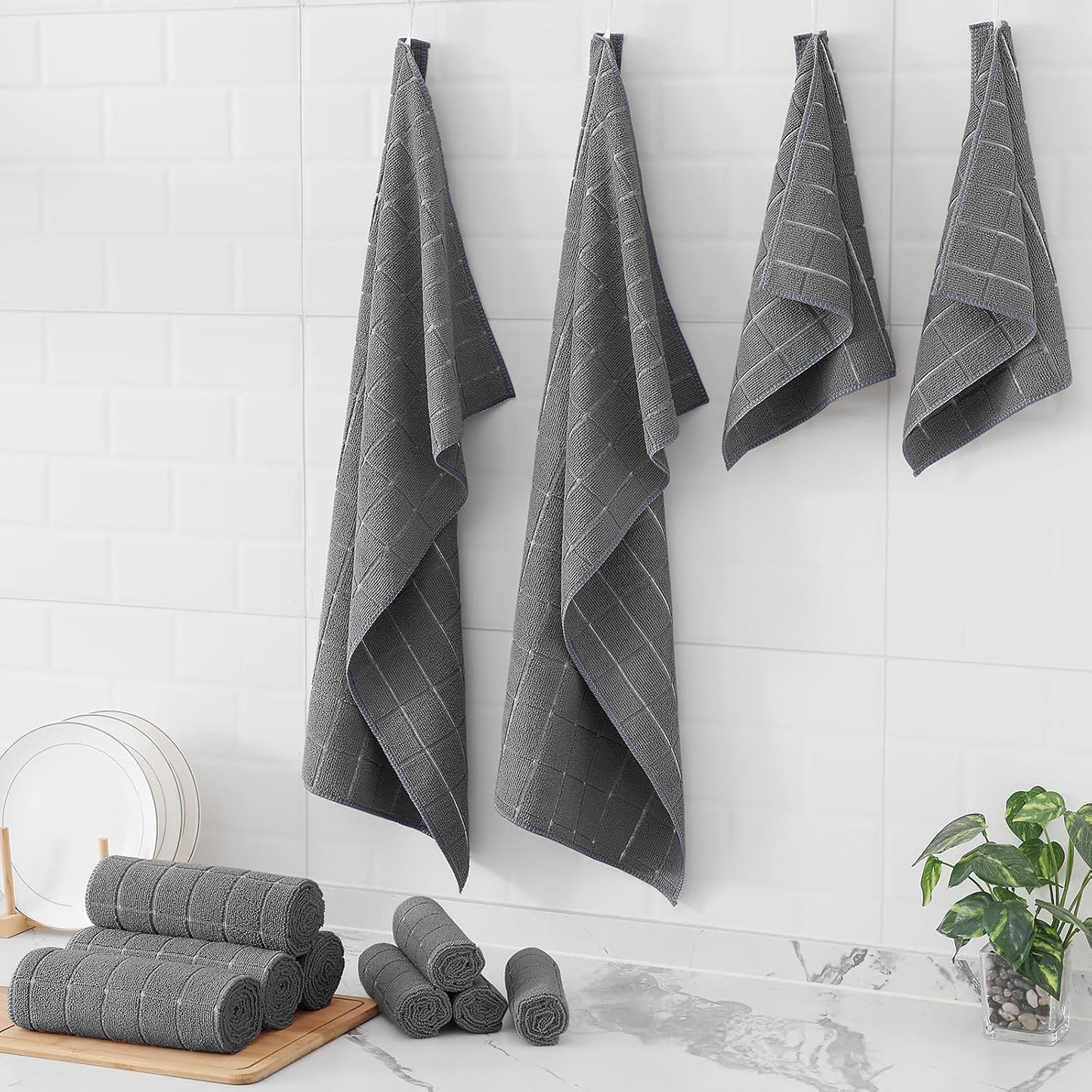 Homaxy Microfiber Kitchen Towels and Dishcloths Set 28 x 16 Inch & 12 x 12 Inch with 100% Cotton Waffle Weave Kitchen Dish Cloths 12 x 12 Inches