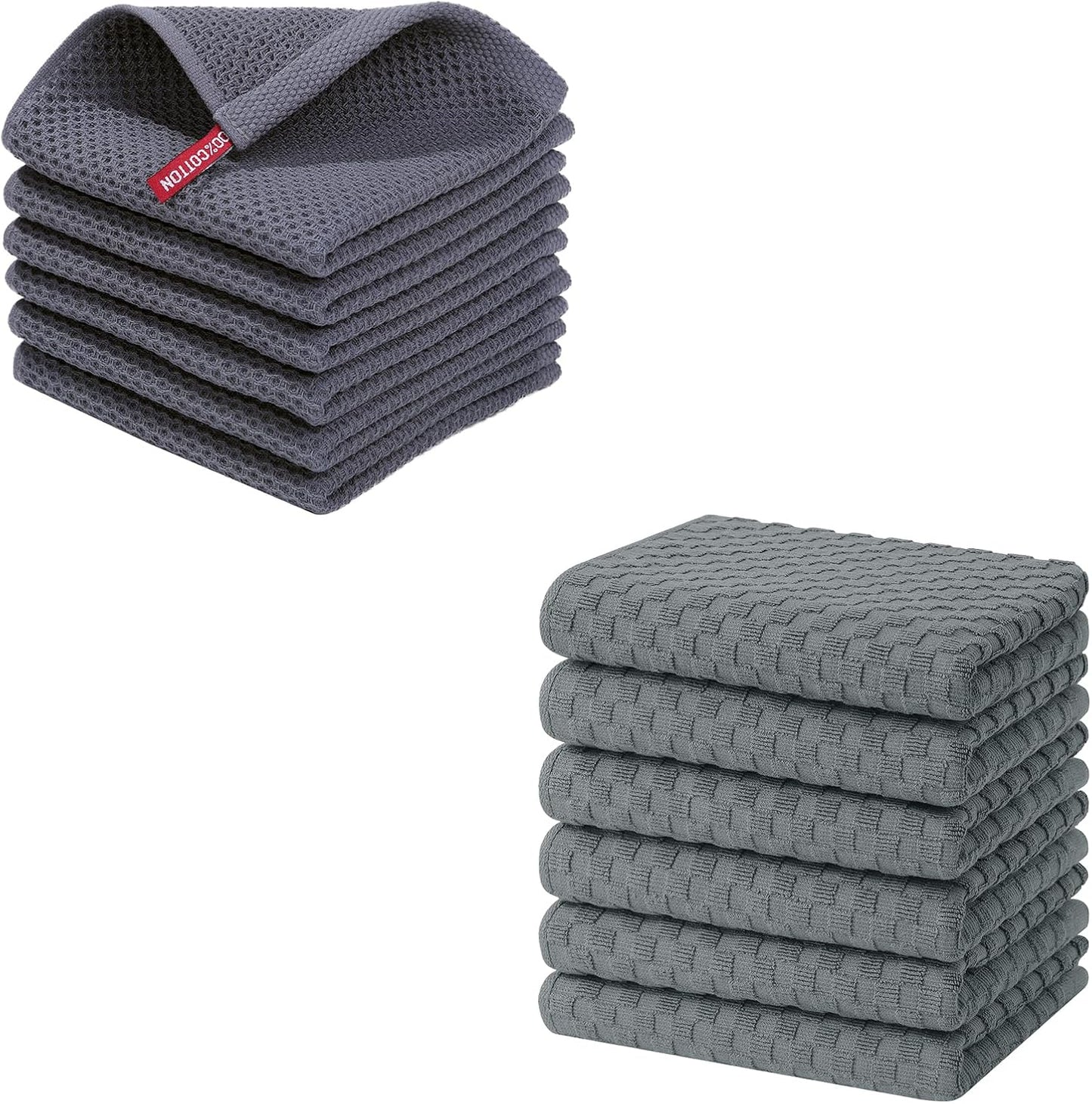 Homaxy 100% Cotton Waffle Weave Kitchen Dish Cloths(12 x 12 Inches, 6-Pack, Dark Grey), Ultra Soft Absorbent Quick Drying Dish Towels and Terry Kitchen Towels(15" x 25", 6 Pack, Dark Grey)