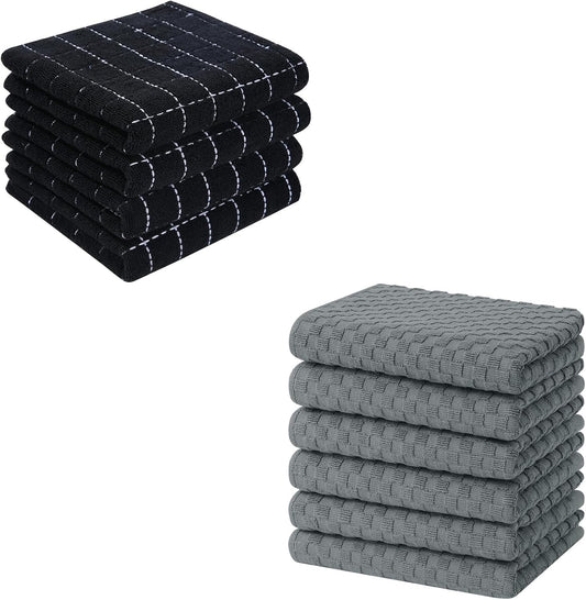 Homaxy 100% Cotton Terry Kitchen Towels(Black, 13 x 28 inches, 4 Pack), Checkered Designed, Soft and Super Absorbent Dish Towels and Terry Kitchen Towels(15" x 25", 6 Pack, Dark Grey)