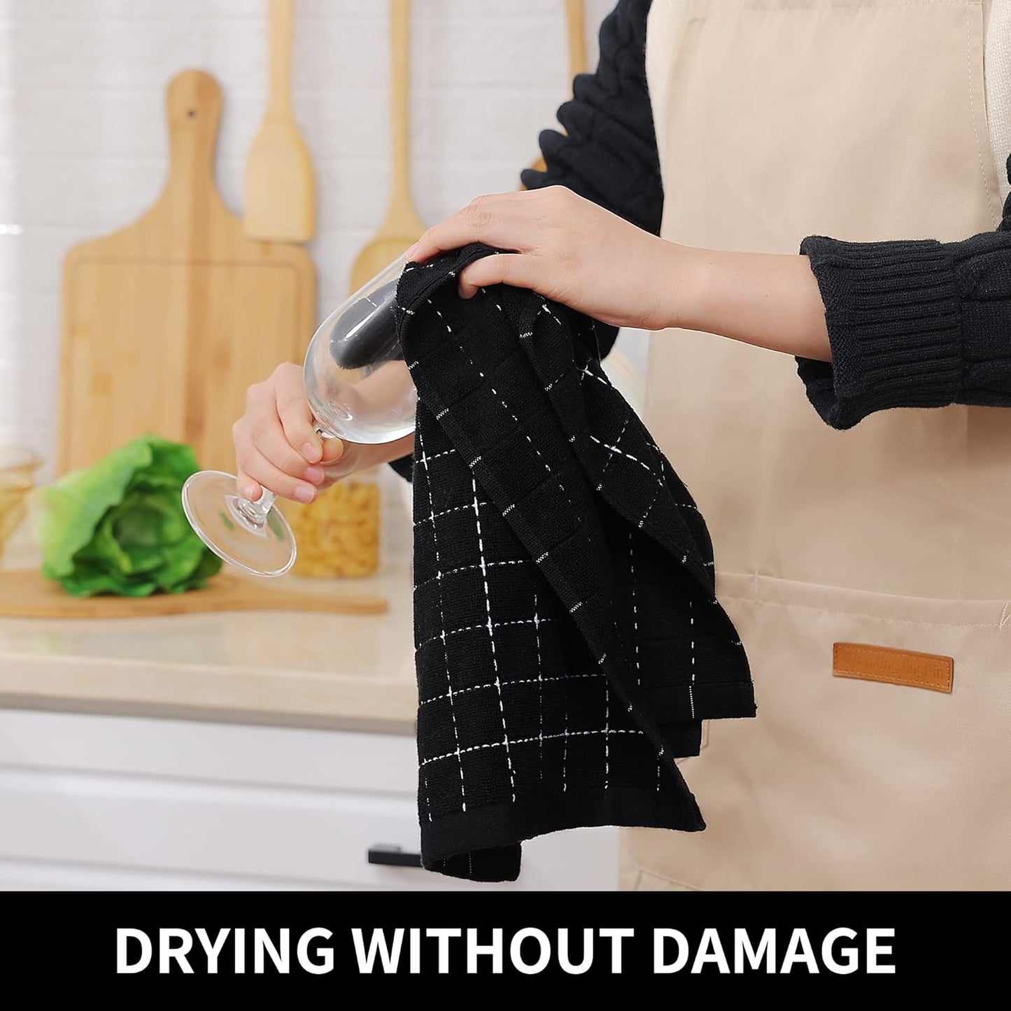 Homaxy 100% Cotton Terry Kitchen Towels(Black, 13 x 28 inches, 4 Pack), Checkered Designed, Soft and Super Absorbent Dish Towels and Terry Kitchen Towels(15" x 25", 6 Pack, Dark Grey)