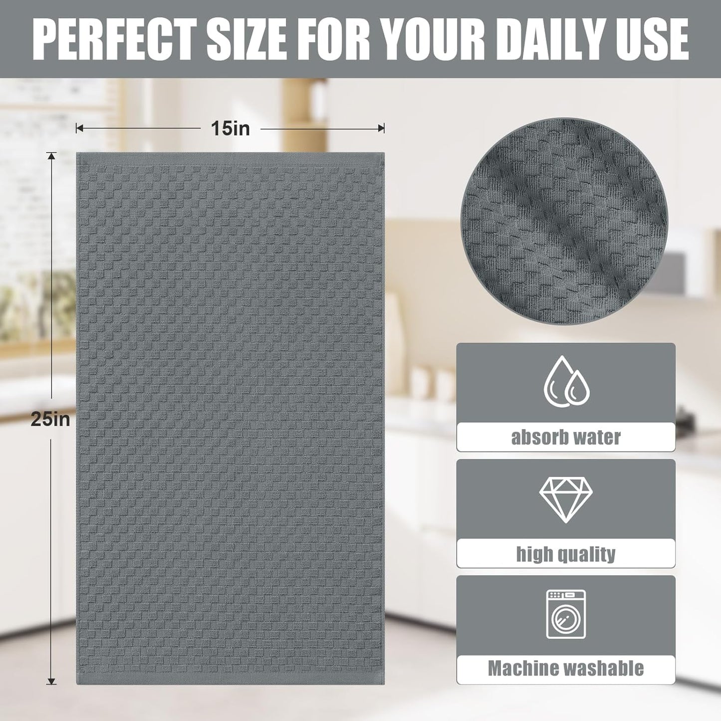 Homaxy 100% Cotton Terry Kitchen Towels(Black, 13 x 28 inches, 4 Pack), Checkered Designed, Soft and Super Absorbent Dish Towels and Terry Kitchen Towels(15" x 25", 6 Pack, Dark Grey)