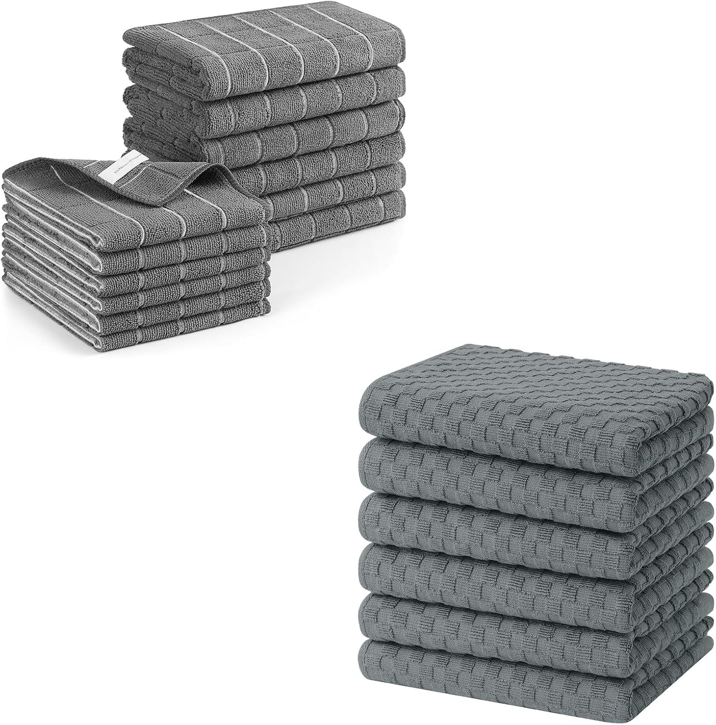 Homaxy Microfiber Kitchen Towels and Dishcloths Set, 12 Pack Soft and Absorbent Dish Hand Towels Bulk, 28 x 16 Inch & 12 x 12 Inch and Terry Kitchen Towels(15" x 25", 6 Pack, Dark Grey)