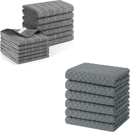 Homaxy Microfiber Kitchen Towels and Dishcloths Set, 12 Pack Soft and Absorbent Dish Hand Towels Bulk, 28 x 16 Inch & 12 x 12 Inch and Terry Kitchen Towels(15" x 25", 6 Pack, Dark Grey)