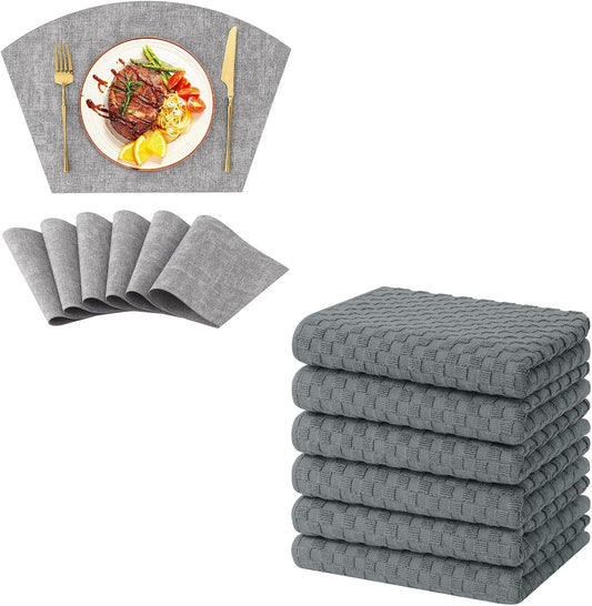 Homaxy Round Table Placemats Set of 6, Washable Wedge Shaped Faux Leather Table Mats and Terry Kitchen Towels(15" x 25", 6 Pack, Dark Grey)